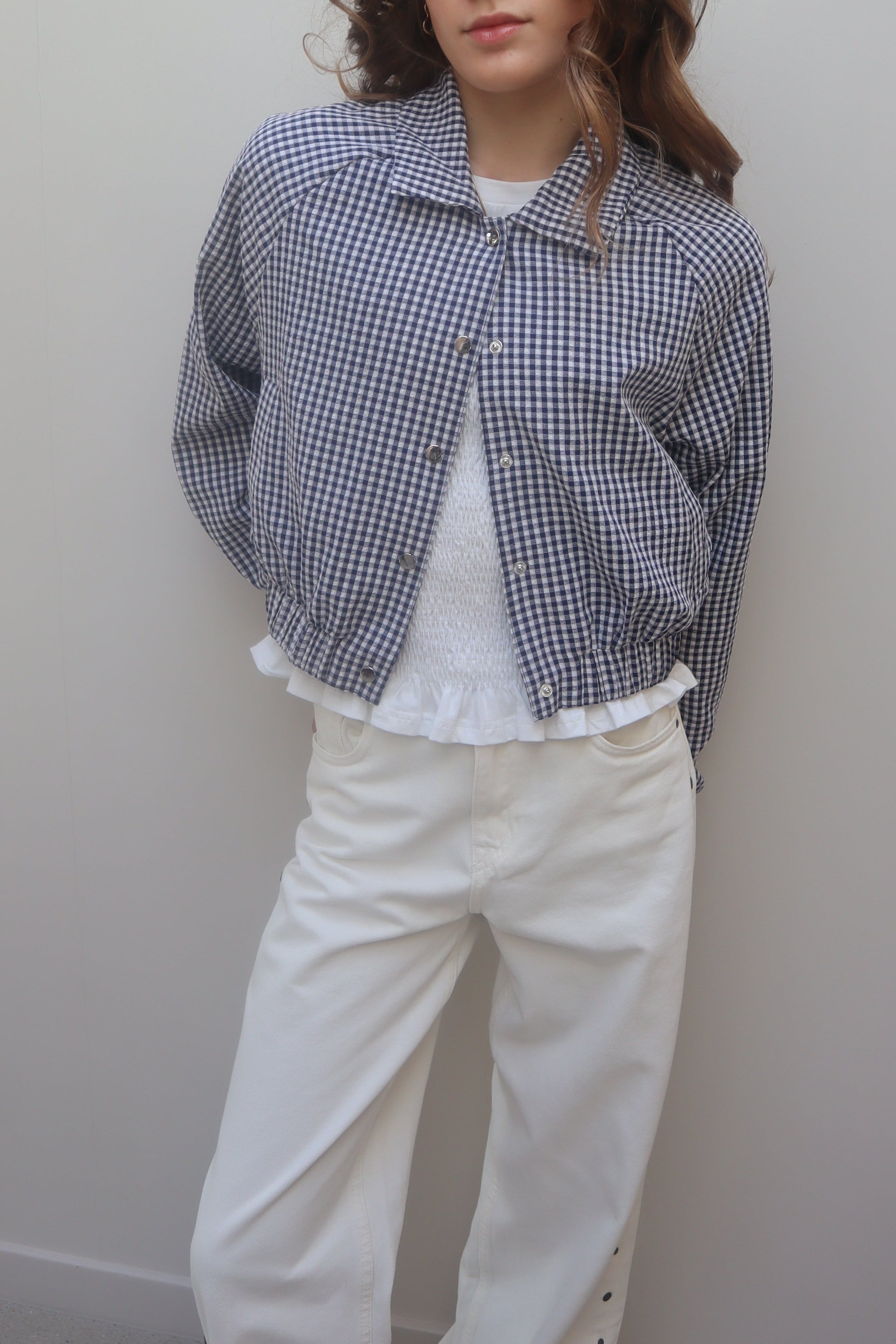 Blue Check Cropped Oversized Jacket